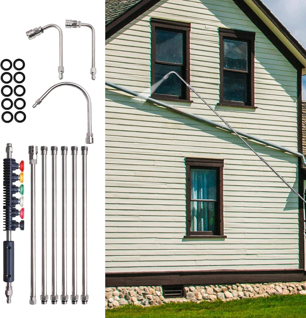 Pressure washer extension wand set with multiple lances and bundled O-rings for quick connections
