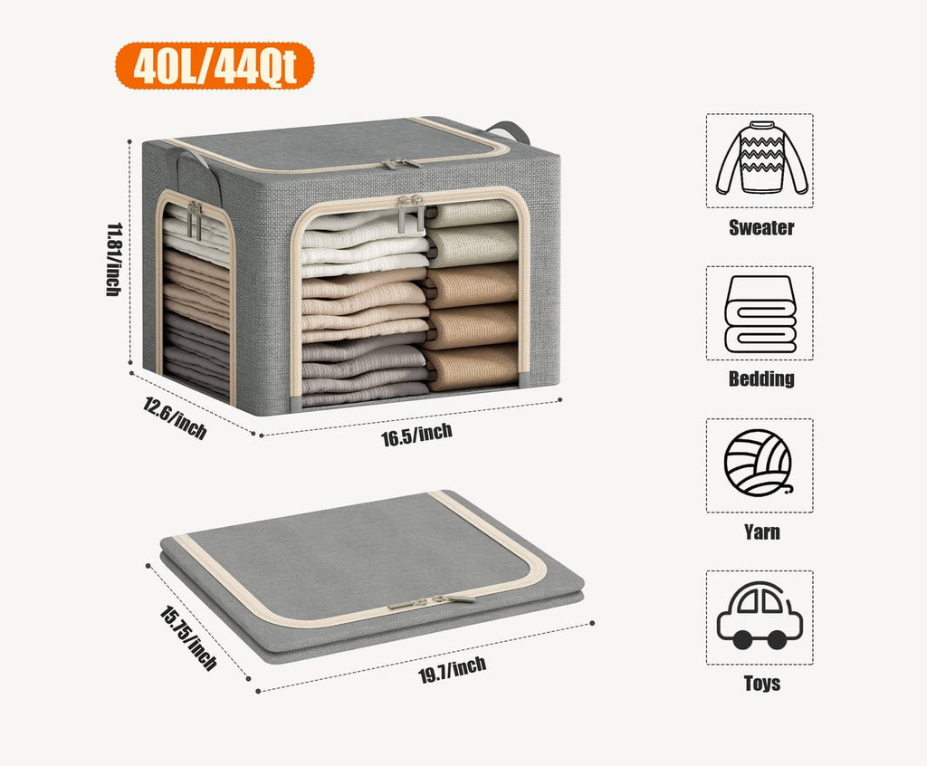 Dark gray clothes storage bin with three openings and visible lid size