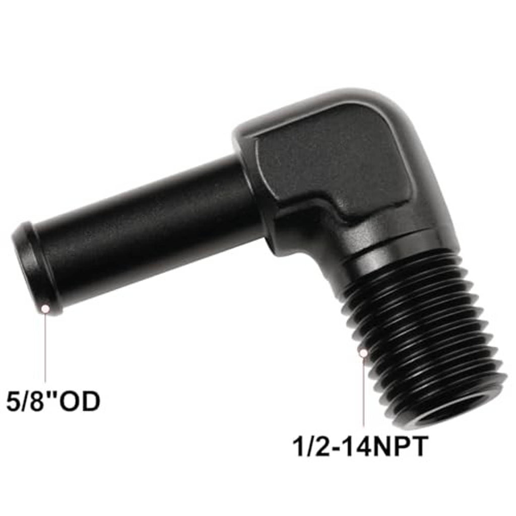 Black 90-degree hose fitting showing 5/8" OD barb and 1/2-14 NPT threads