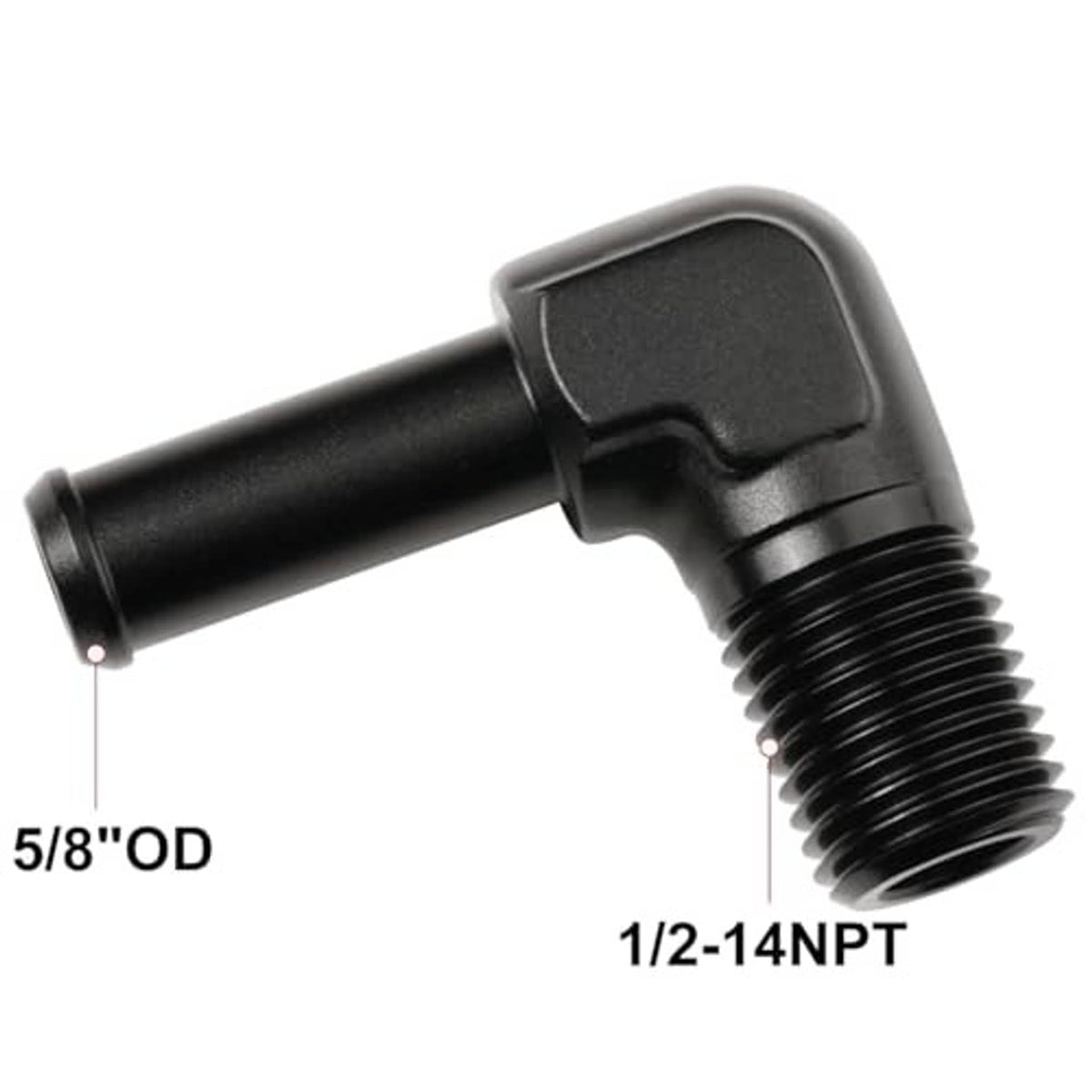 Black 90-degree hose fitting showing 5/8" OD barb and 1/2-14 NPT threads