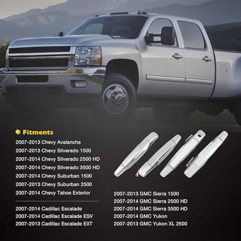 Four chrome exterior door handles shown near pickup truck wheel area
