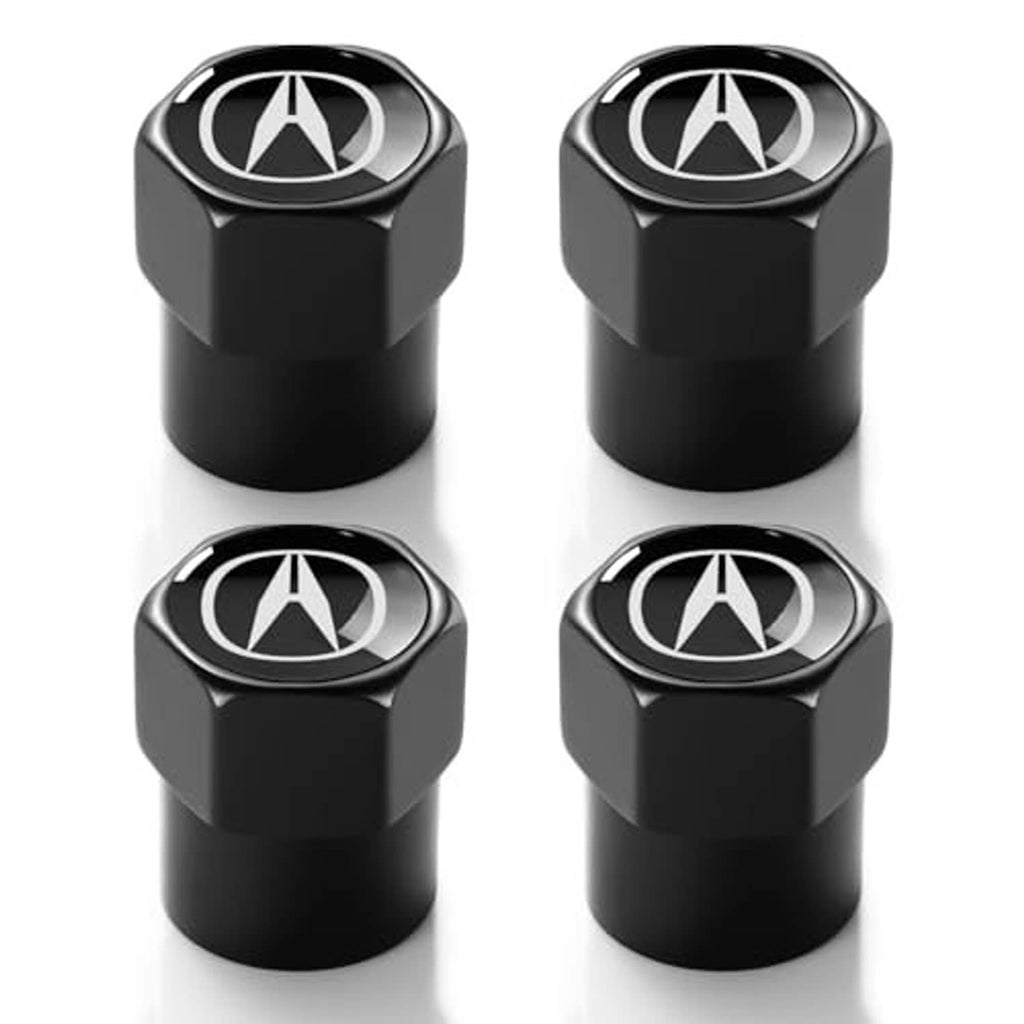 Black hex tire valve stem caps with round logo faceplate (set of 4)