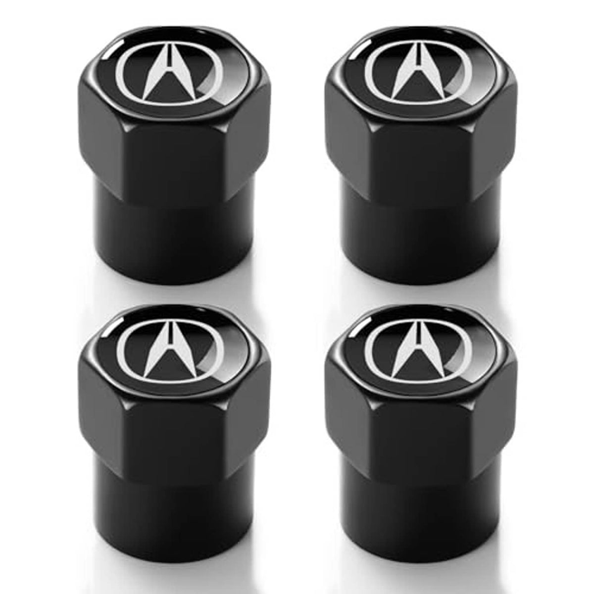 Black hex tire valve stem caps with round logo faceplate (set of 4)