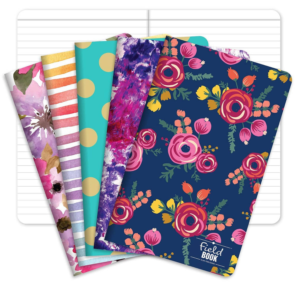 Set of five patterned 5x8 ruled notebooks with floral, striped, and dot covers