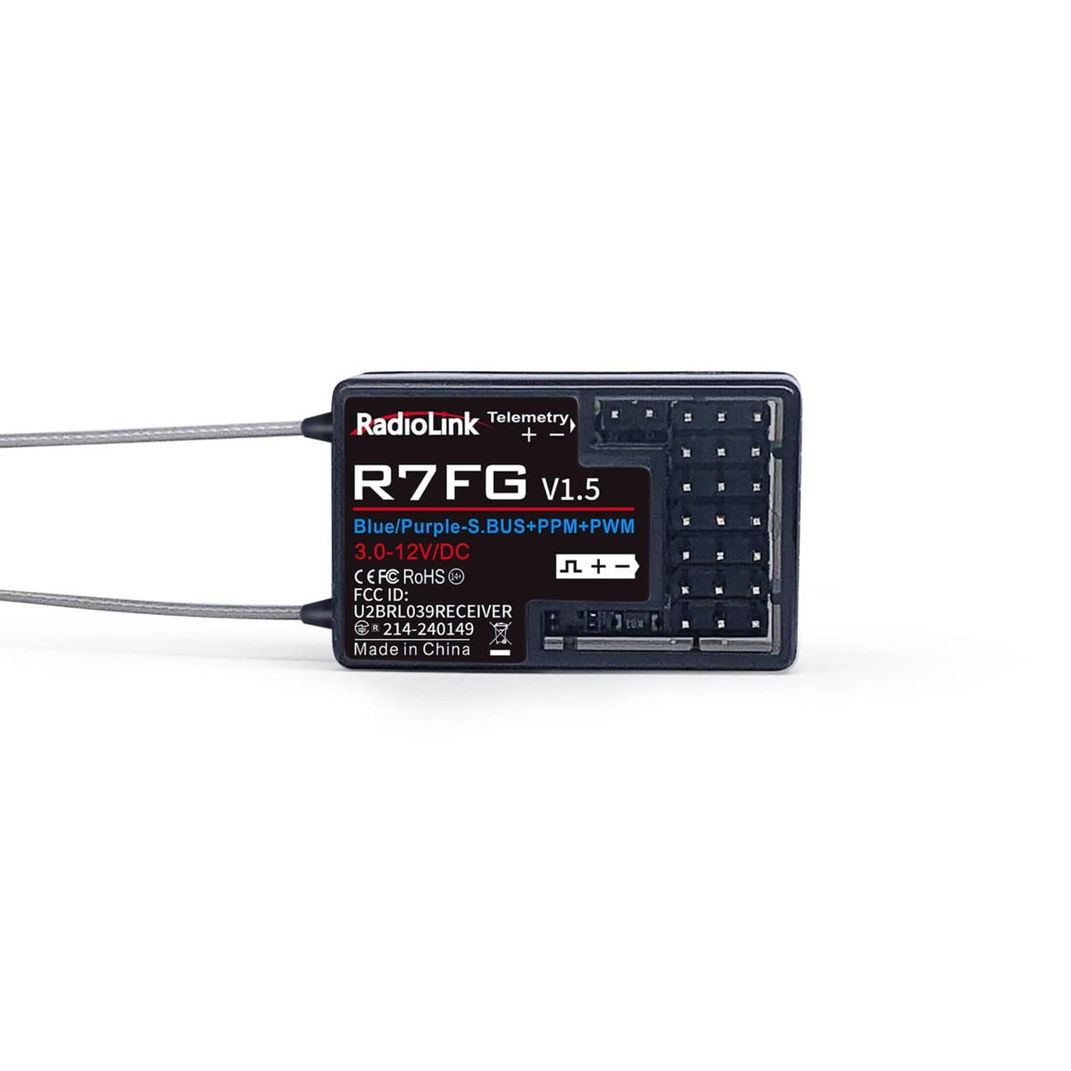 Black RC gyro receiver with telemetry label, antenna leads, and pin header