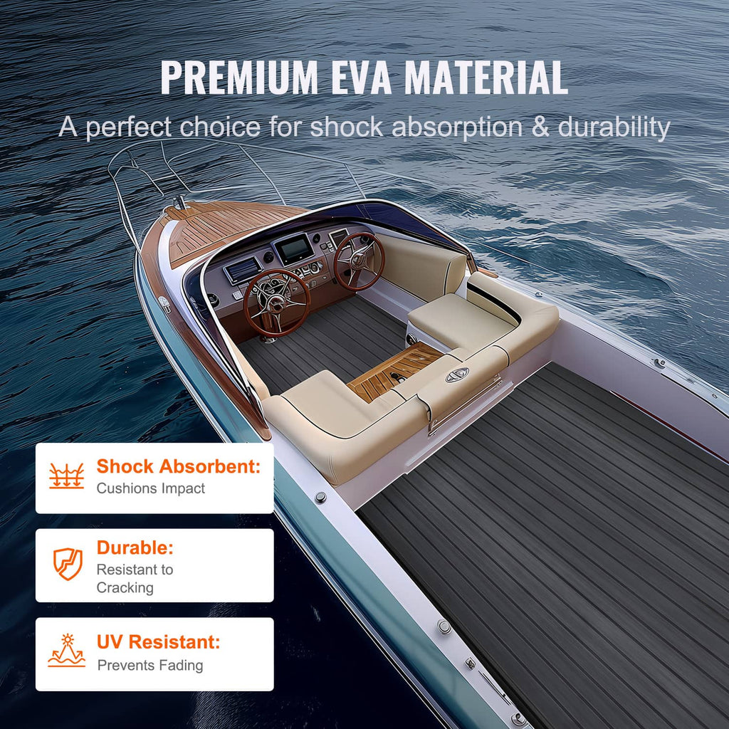 Dark gray EVA boat deck flooring on a small yacht, ribbed textured planks
