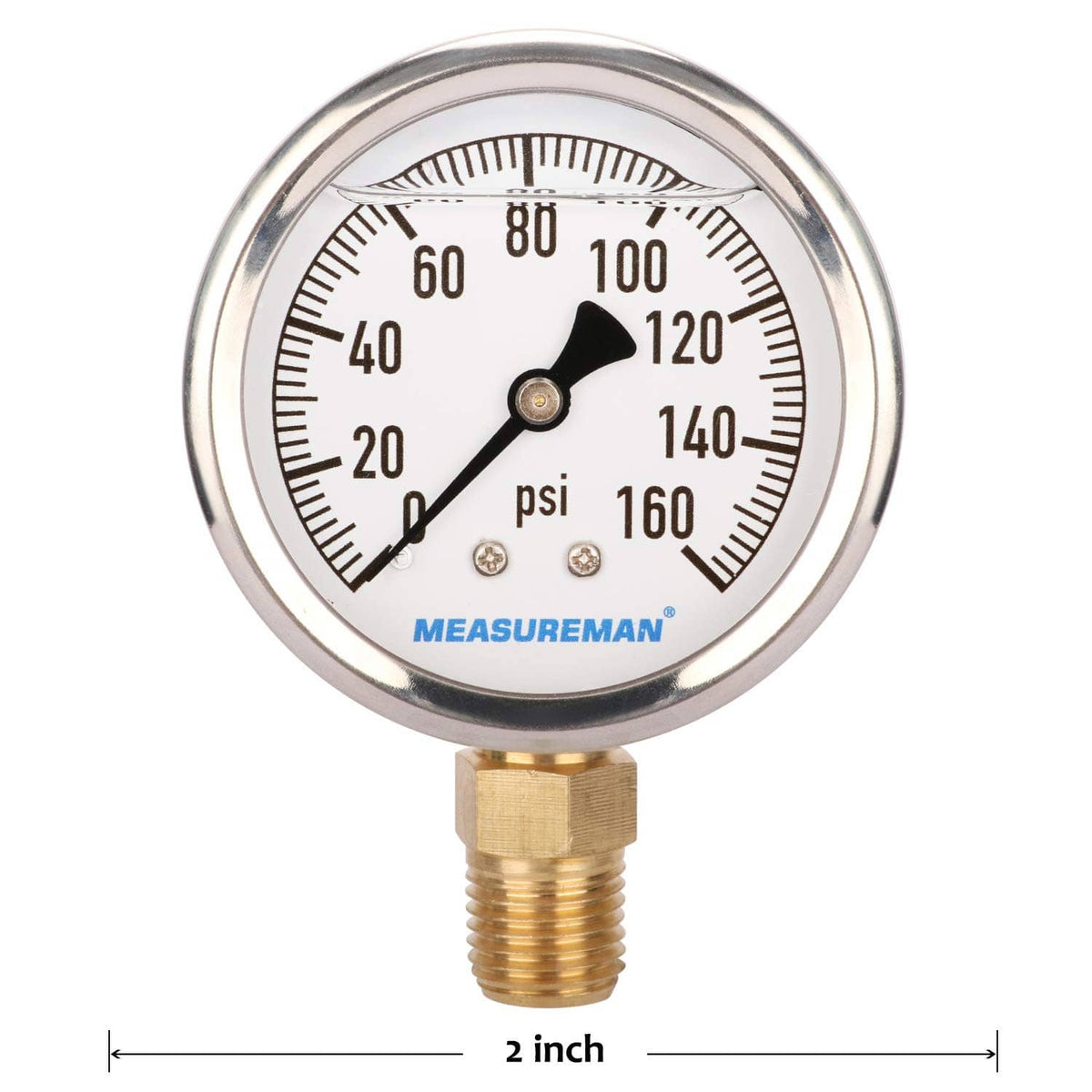 0–160 psi RV pressure gauge, 2 inch diameter, stainless bezel, brass threaded port