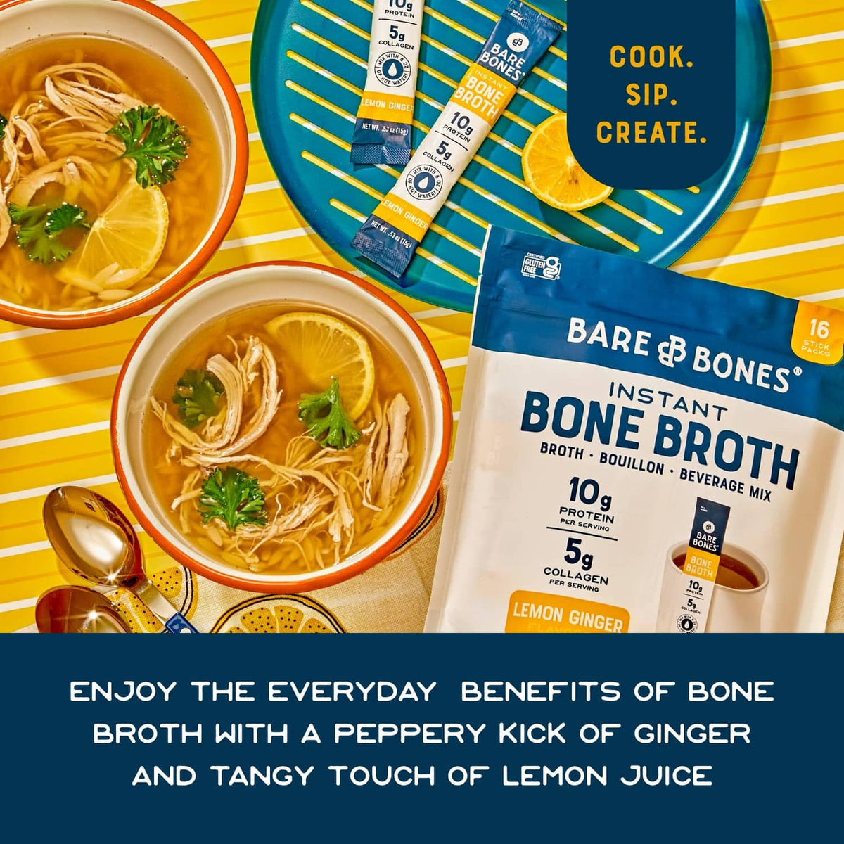 Bare Bones instant bone broth lemon ginger stick packs beside broth bowls
