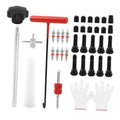 Tire valve stem repair kit with red T-handle tool, valve stems, black caps, white gloves