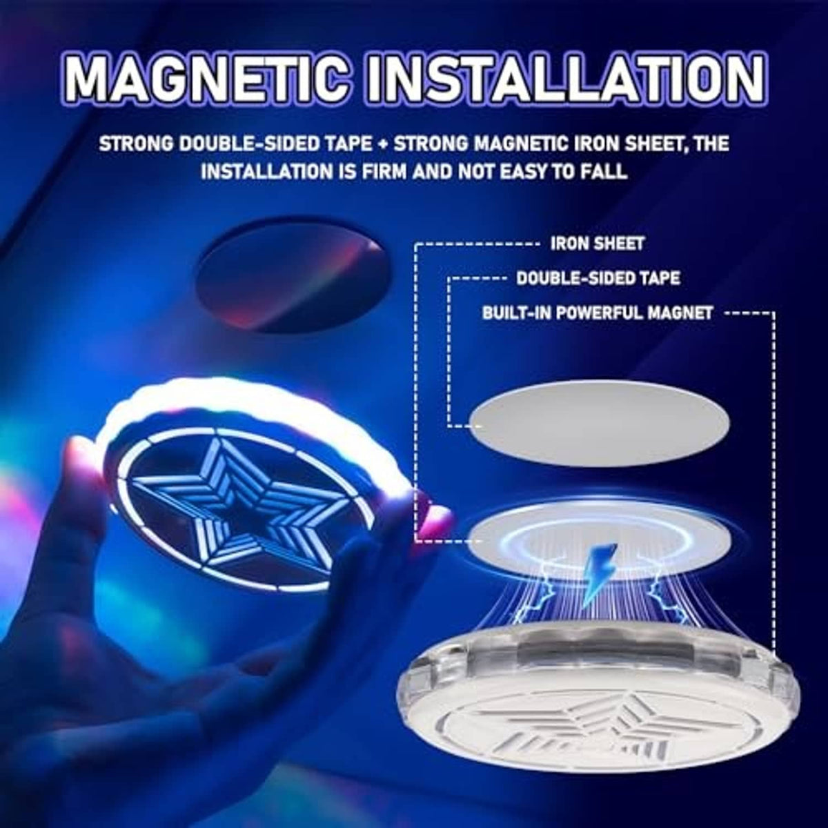 Round star-emblem LED ceiling light with magnetic attachment and double-sided tape backing