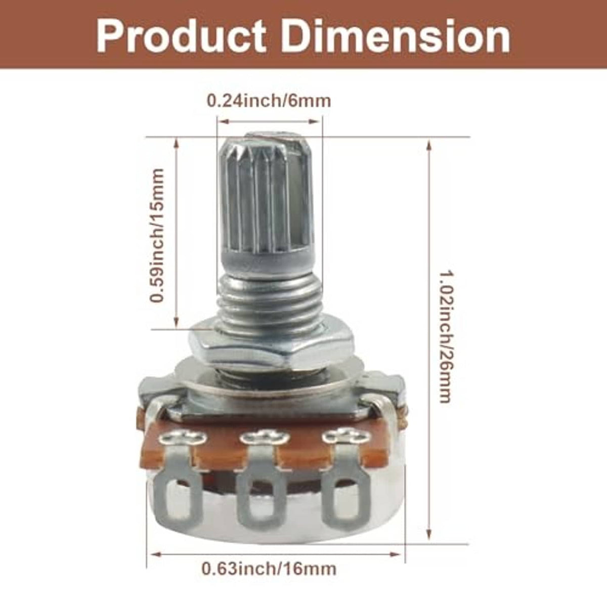 Guitar potentiometer size diagram showing 15mm shaft, 6mm bushing, and 16mm body width
