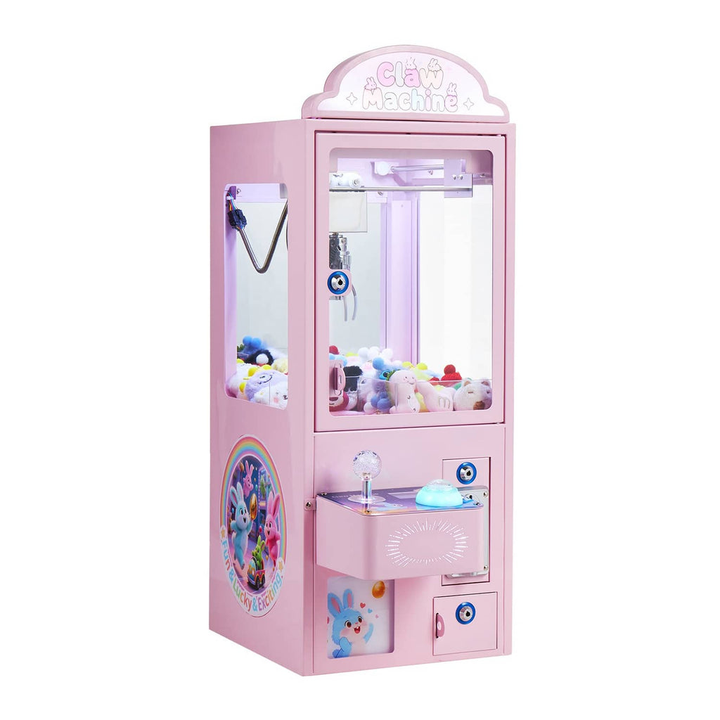 Pink claw crane arcade machine rear-facing view with open claw chamber and window