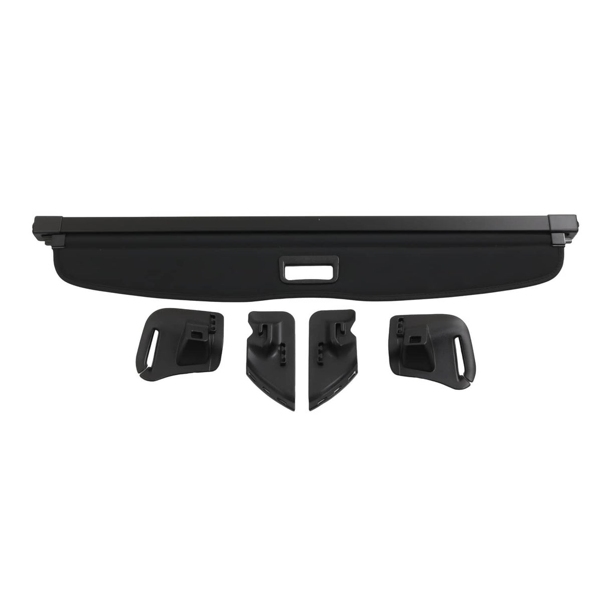 Black retractable trunk cargo cover shade with central handle cutout and end caps