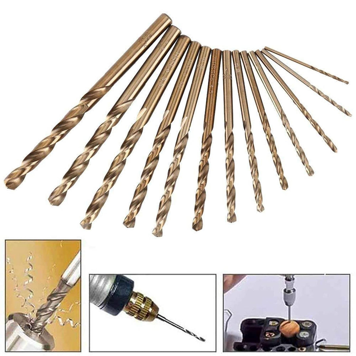 Assorted gold spiral drill bits with sharp tips, cobalt-style fluted HSS bits