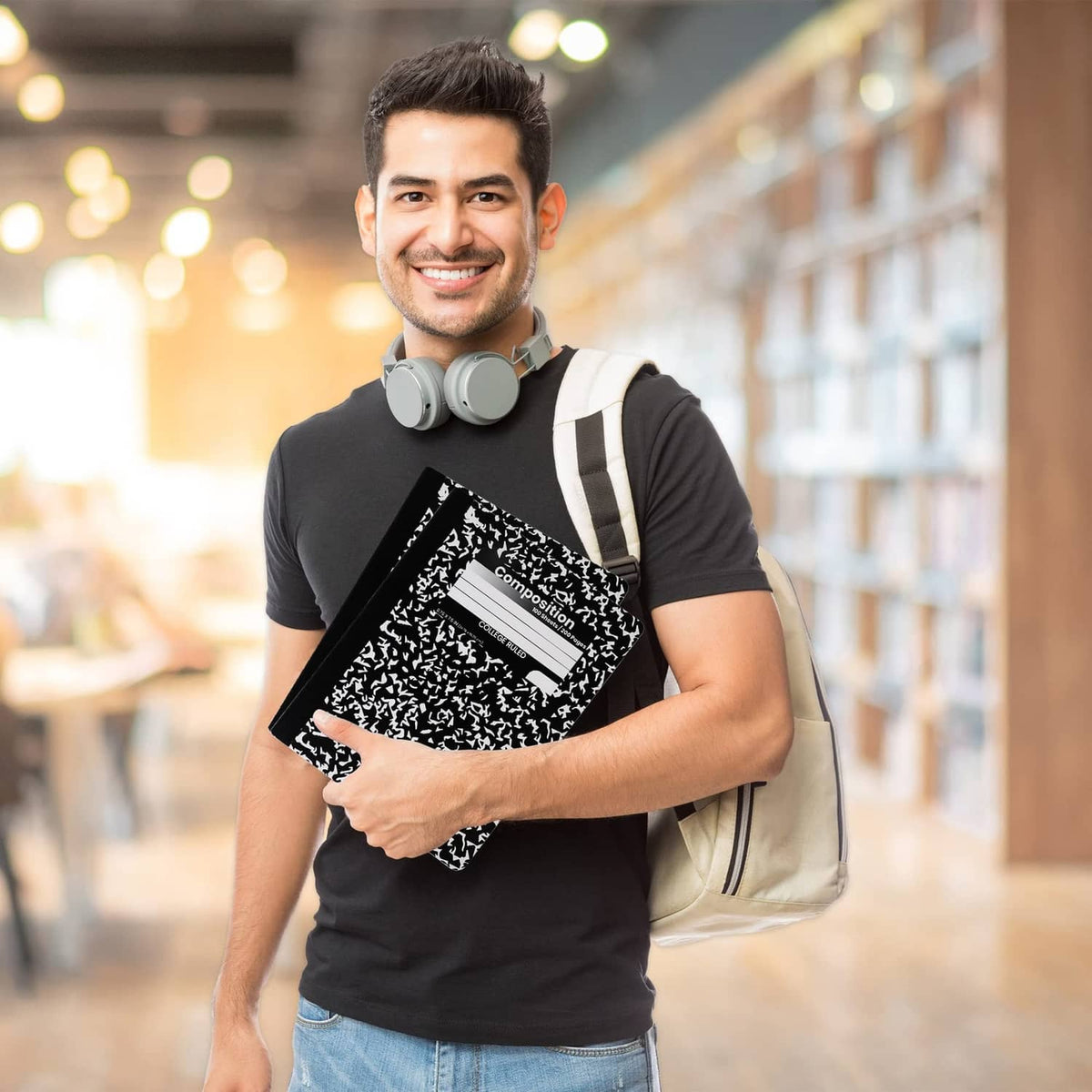 Black-and-white patterned composition notebook set, college-ruled, hard cover