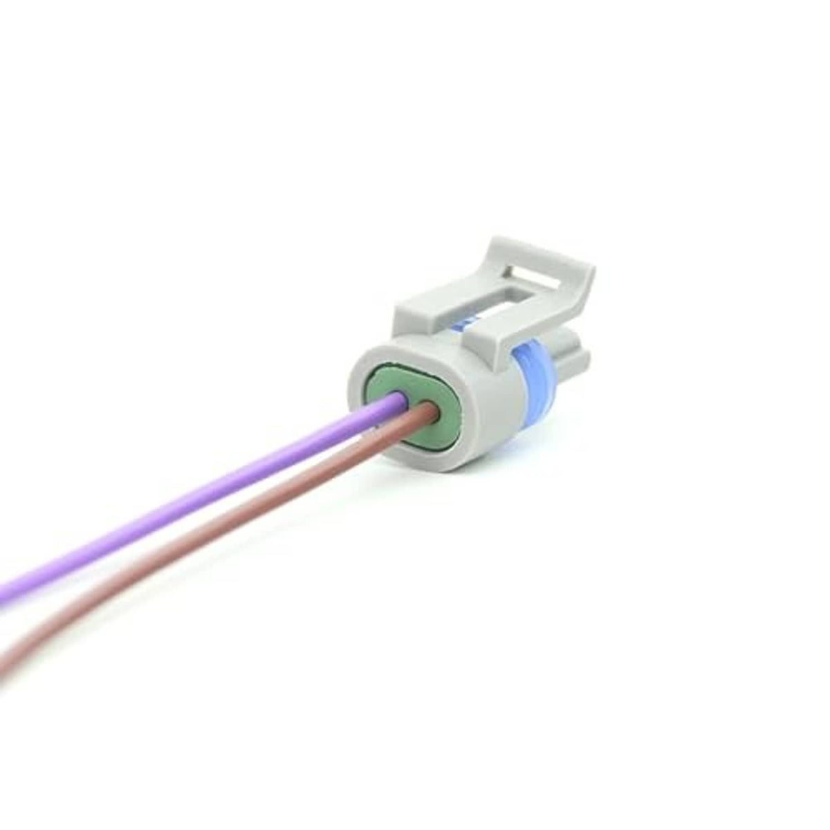 Sensor wiring connector pigtail showing terminal insert with purple and brown wire leads