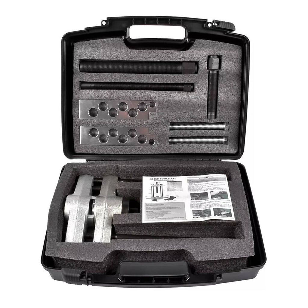 Kingpin press removal tool kit in black storage case with metal inserts