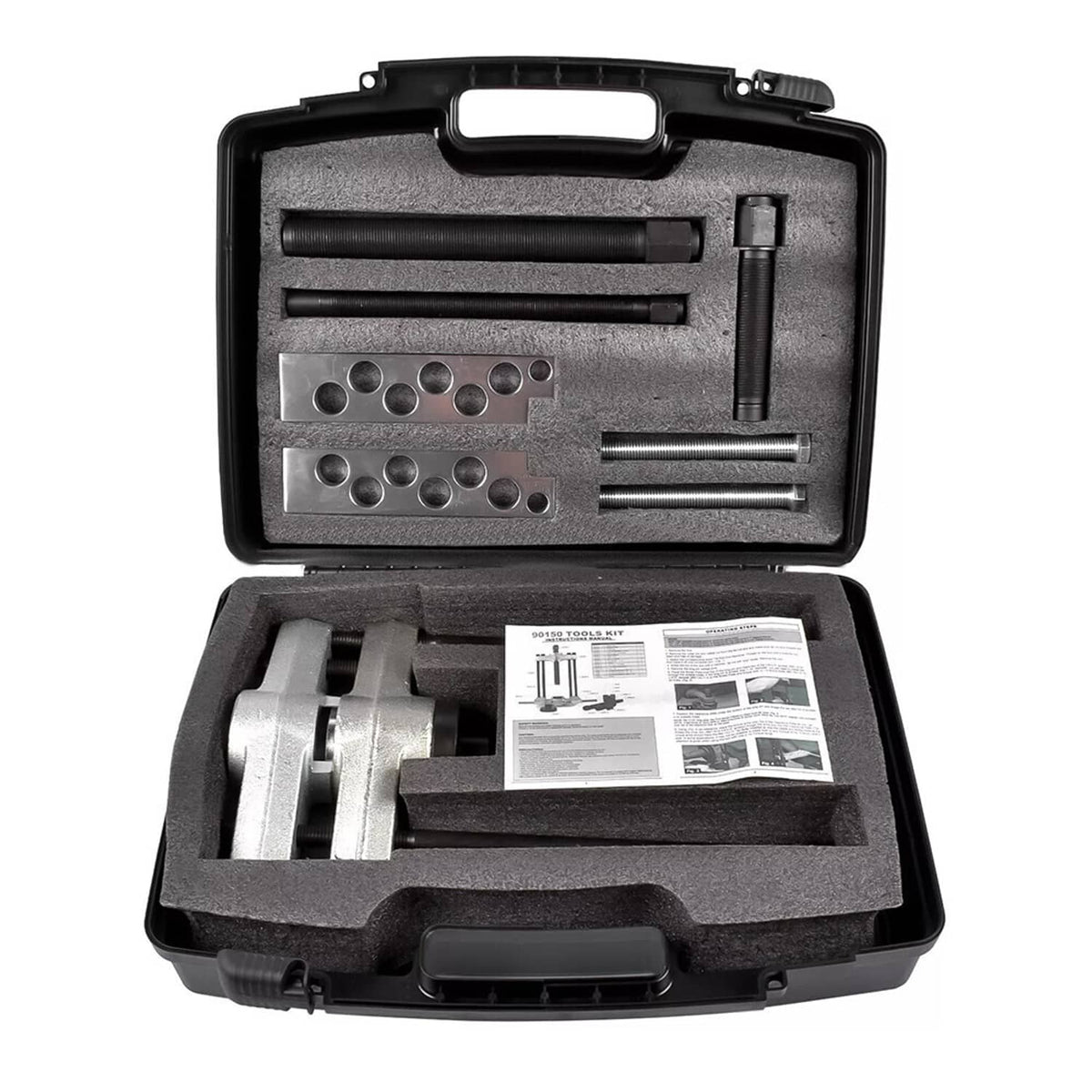 Kingpin press removal tool kit in black storage case with metal inserts