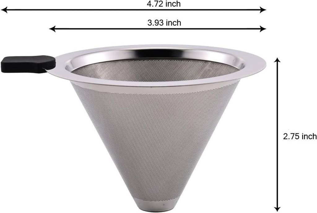 Stainless steel pour-over coffee cone dripper, side view with black handle and mesh