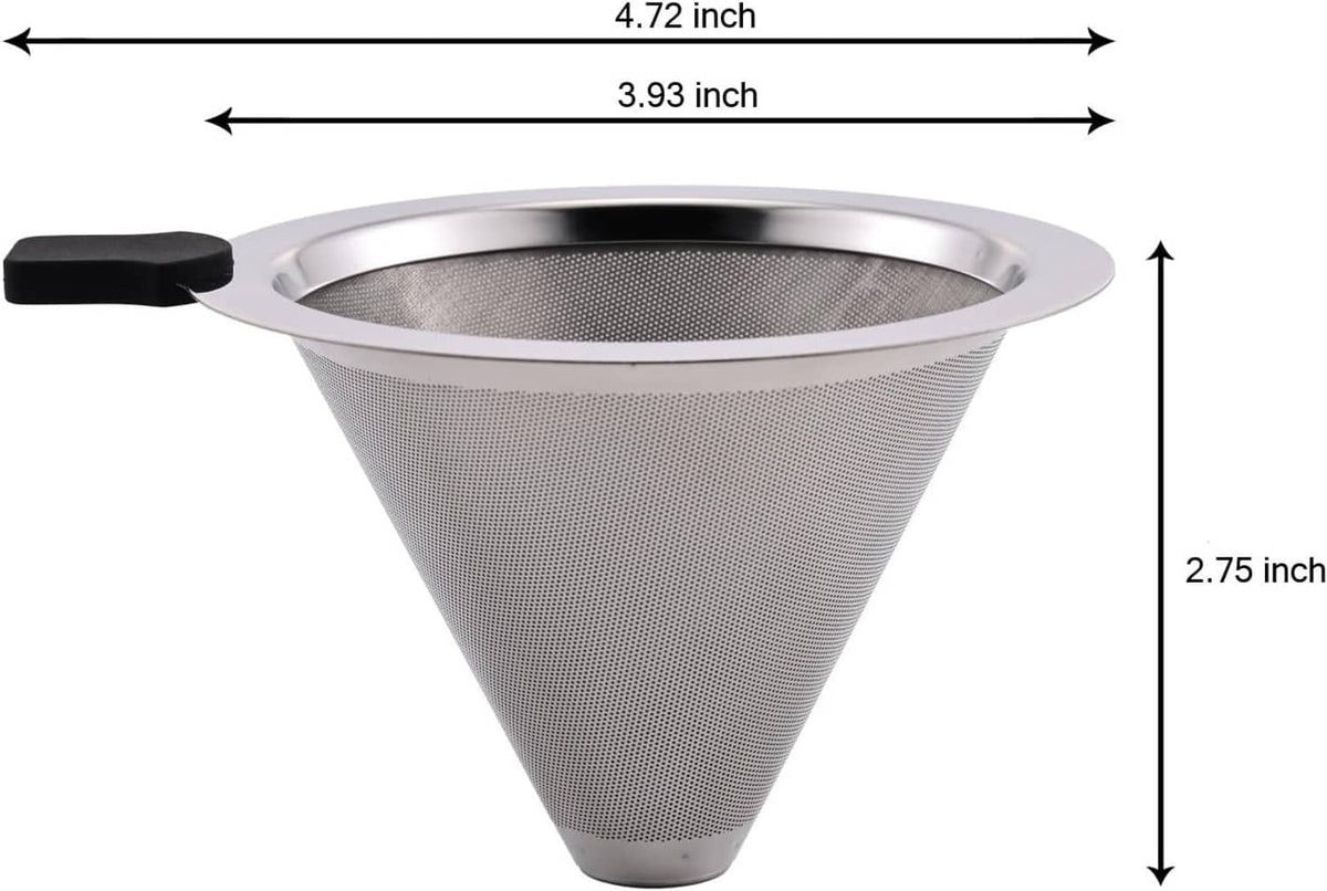 Stainless steel pour-over coffee cone dripper, side view with black handle and mesh