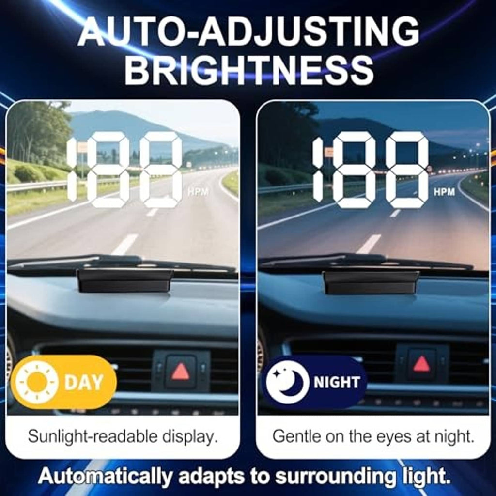 Car HUD display showing auto-adjusting brightness with white speed digits on black unit