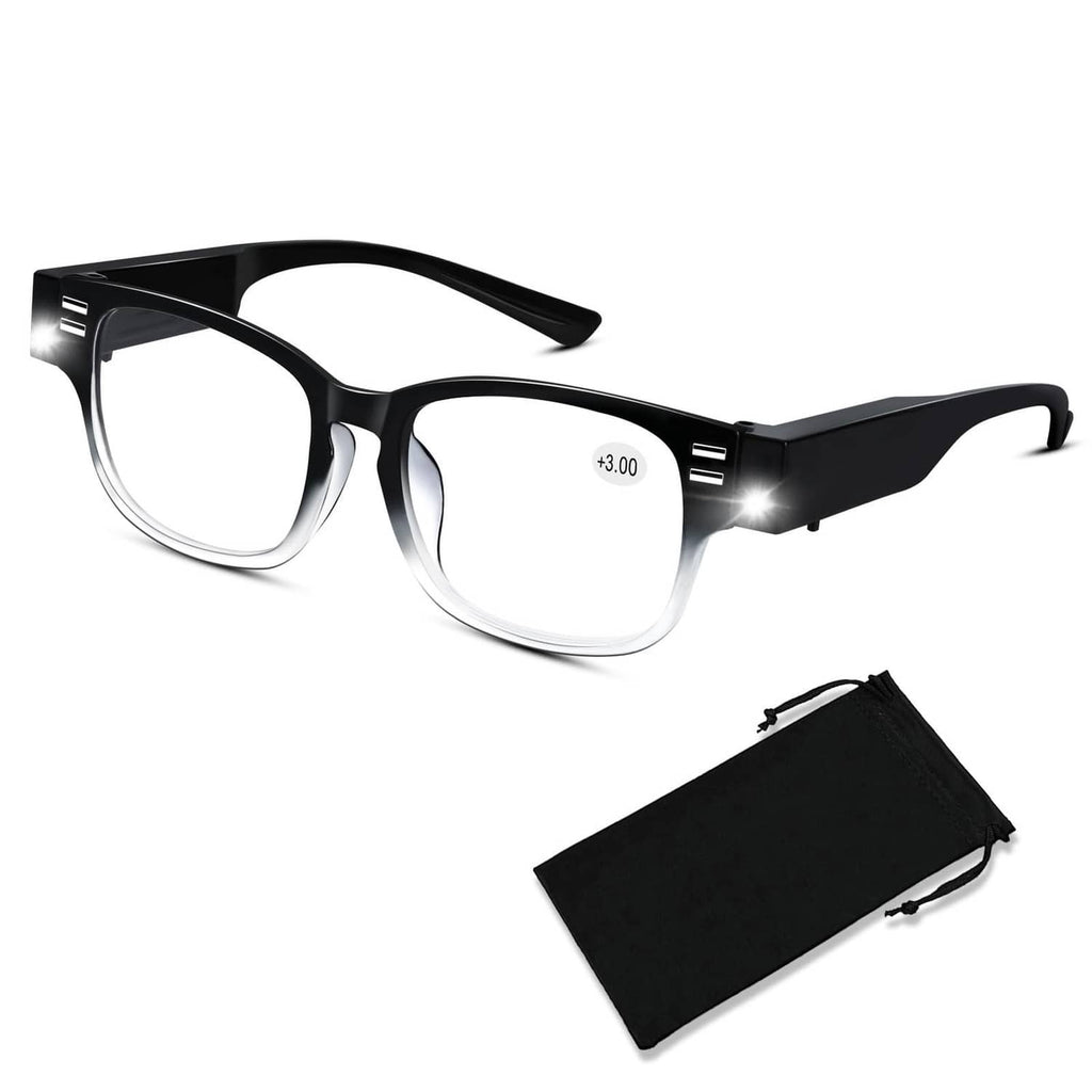Black +3.00 reading glasses with bright built-in LED light and clear lenses