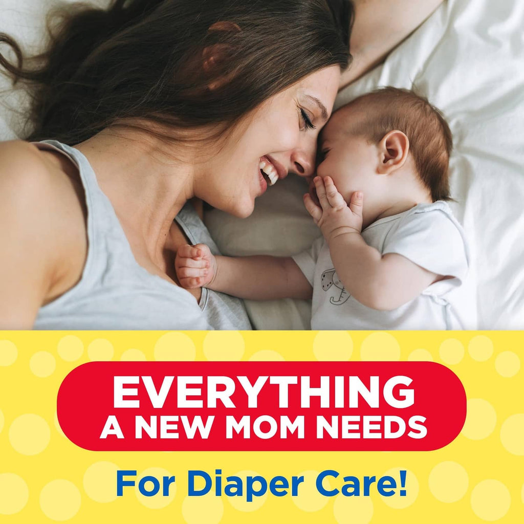 Diaper-care baby shower bundle graphic with mom holding a newborn