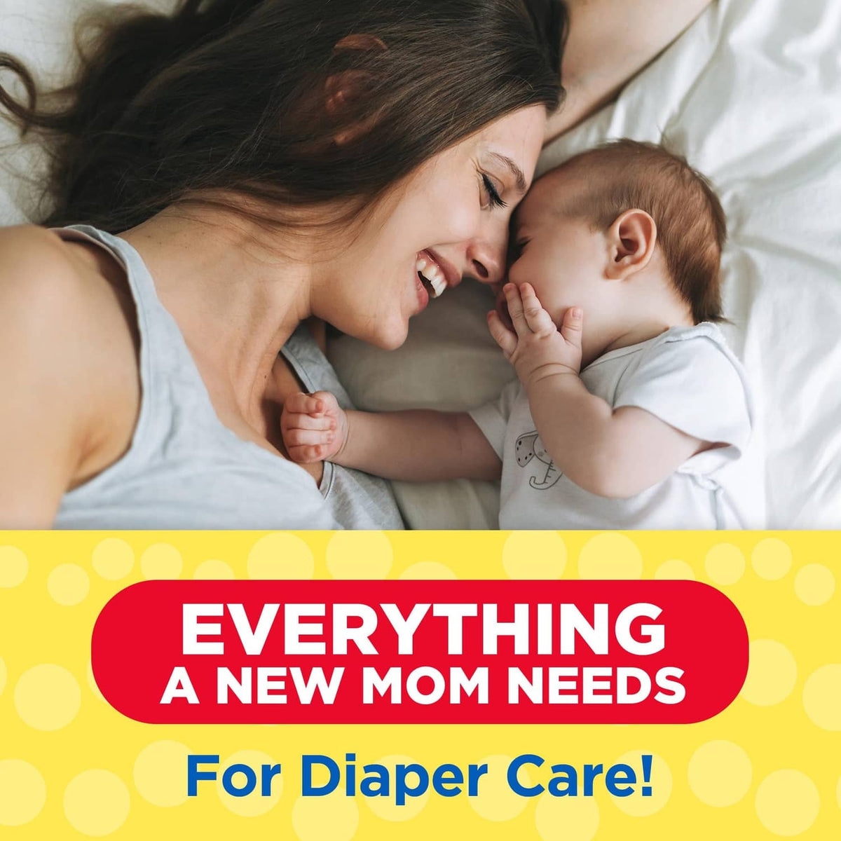Diaper-care baby shower bundle graphic with mom holding a newborn
