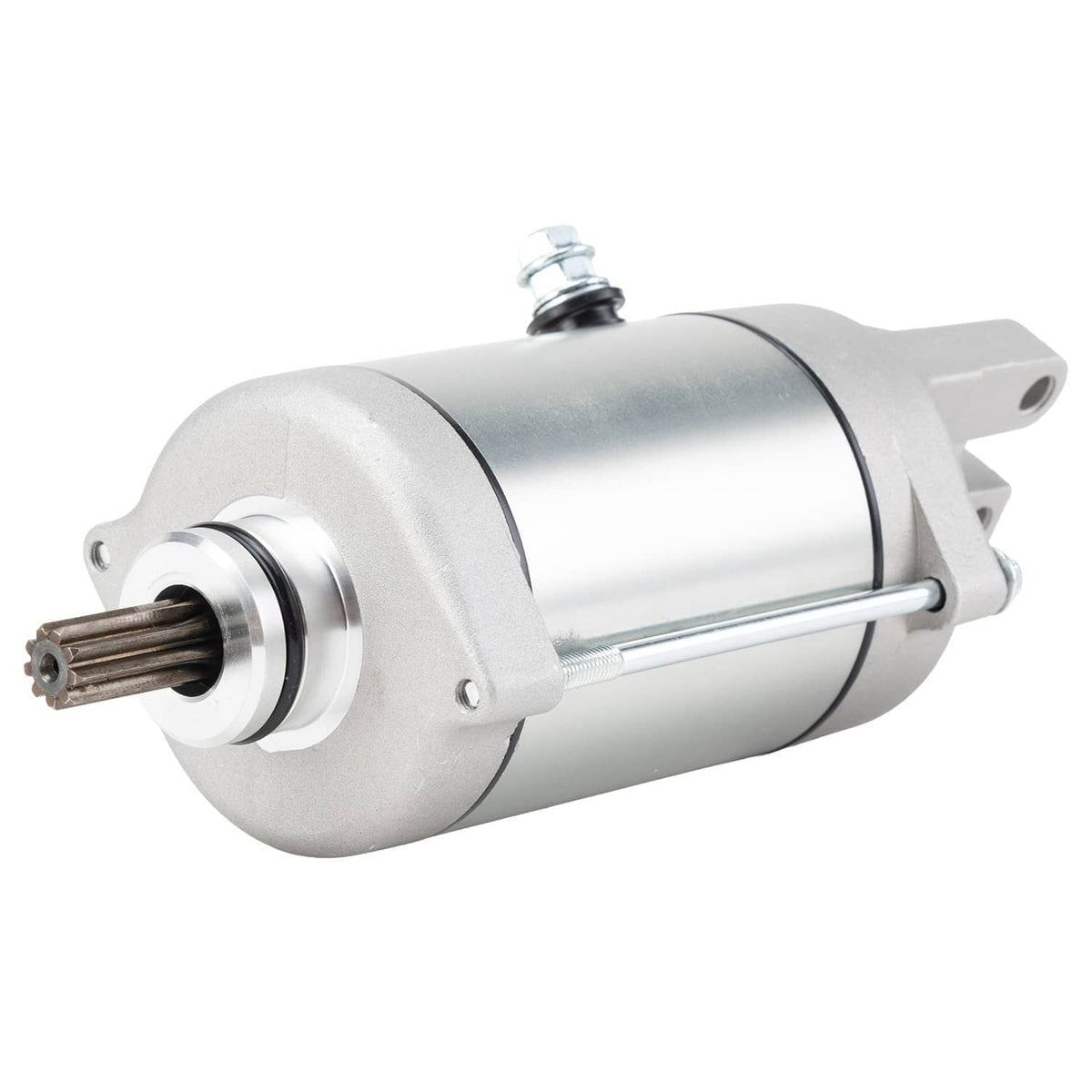 Silver starter motor with cylindrical housing and front pinion gear