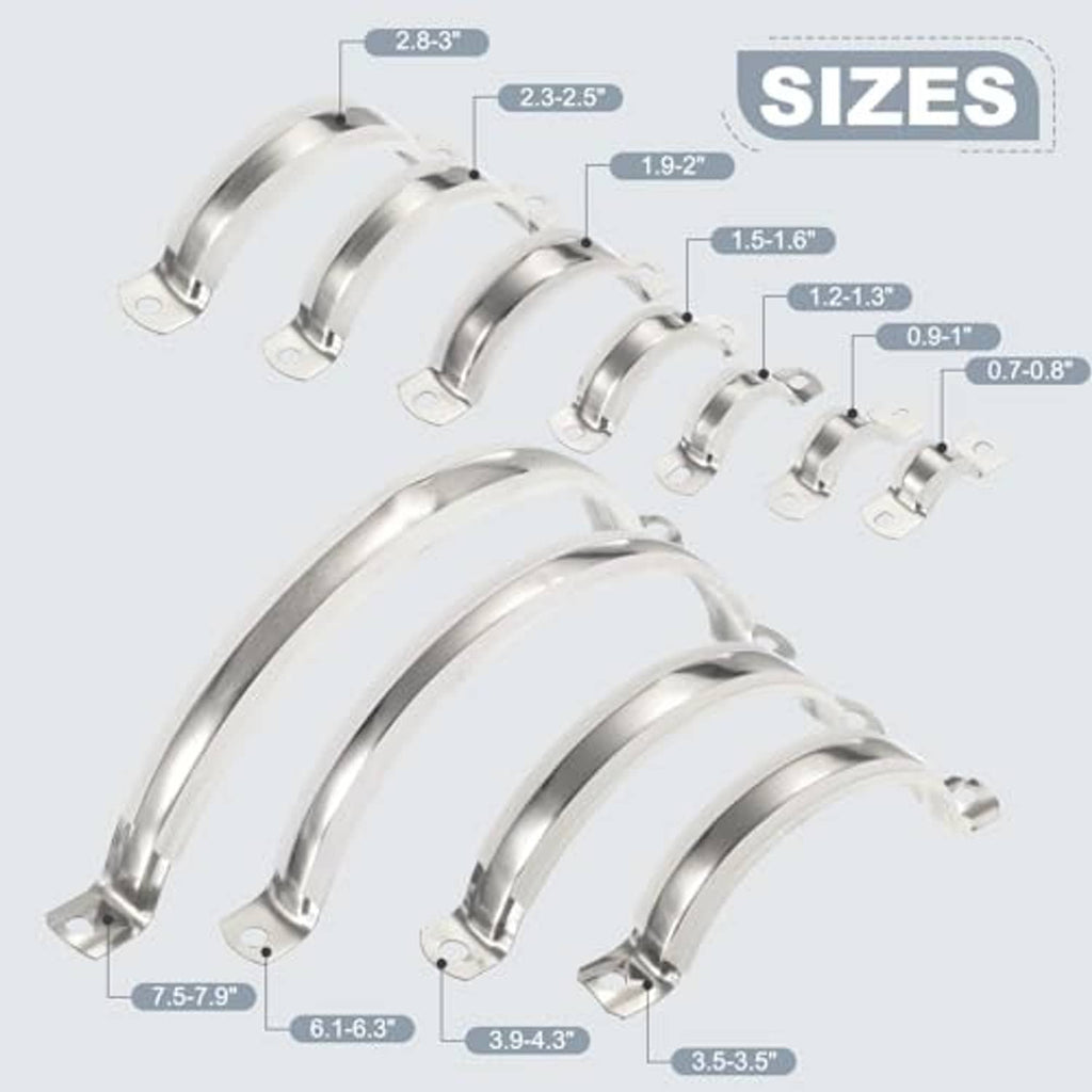 Assorted stainless steel split-ring pipe hangers in multiple sizes with hardware.