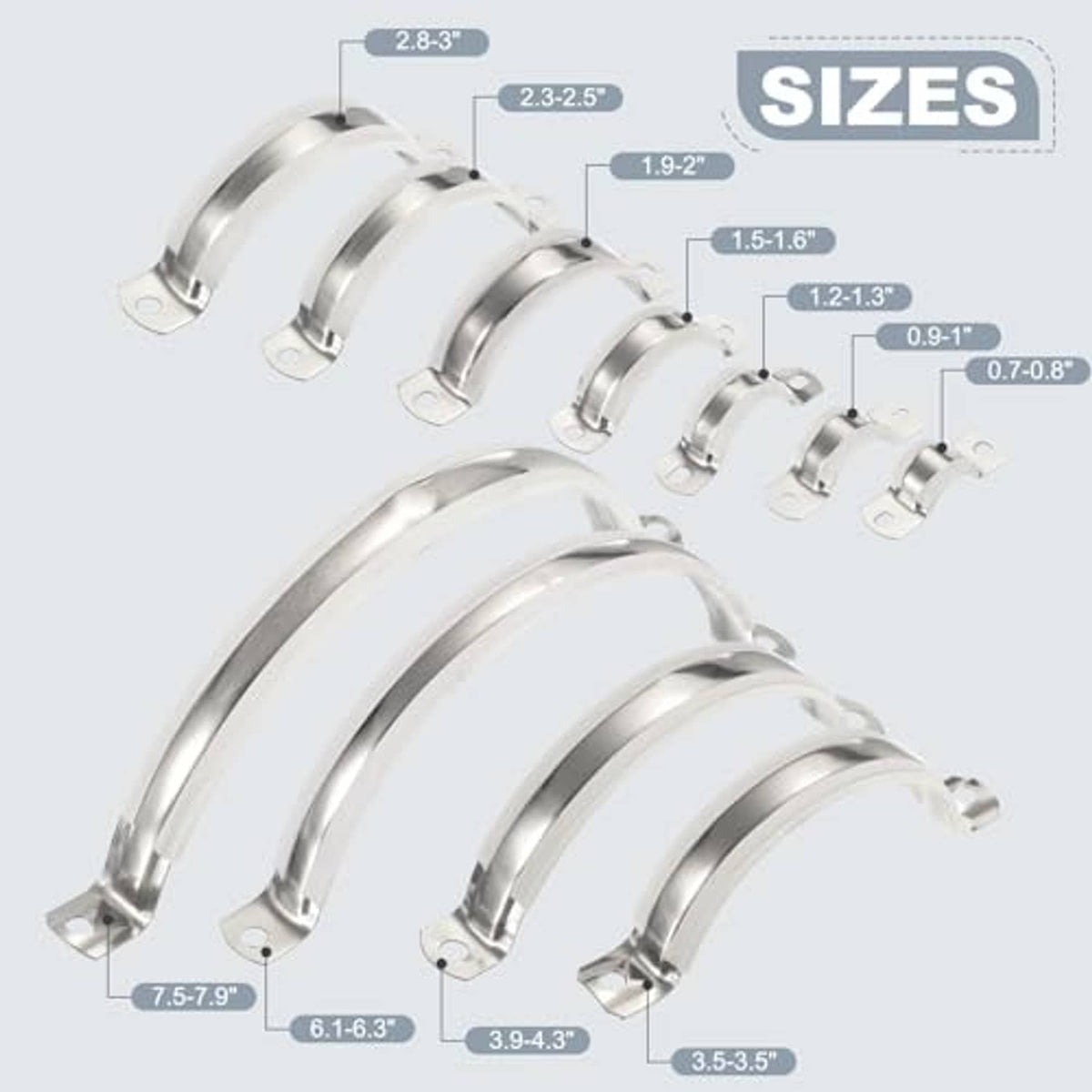Assorted stainless steel split-ring pipe hangers in multiple sizes with hardware.