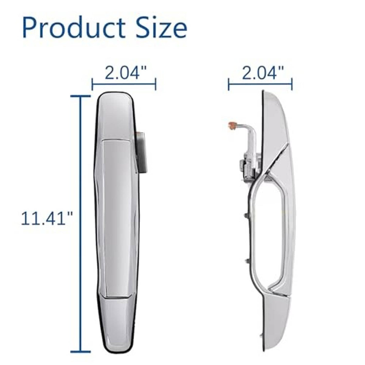 Exterior chrome door handle product size diagram with front and side measurements