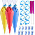 Tipless piping bags with filled yellow, red, and blue cones plus blue tie rings