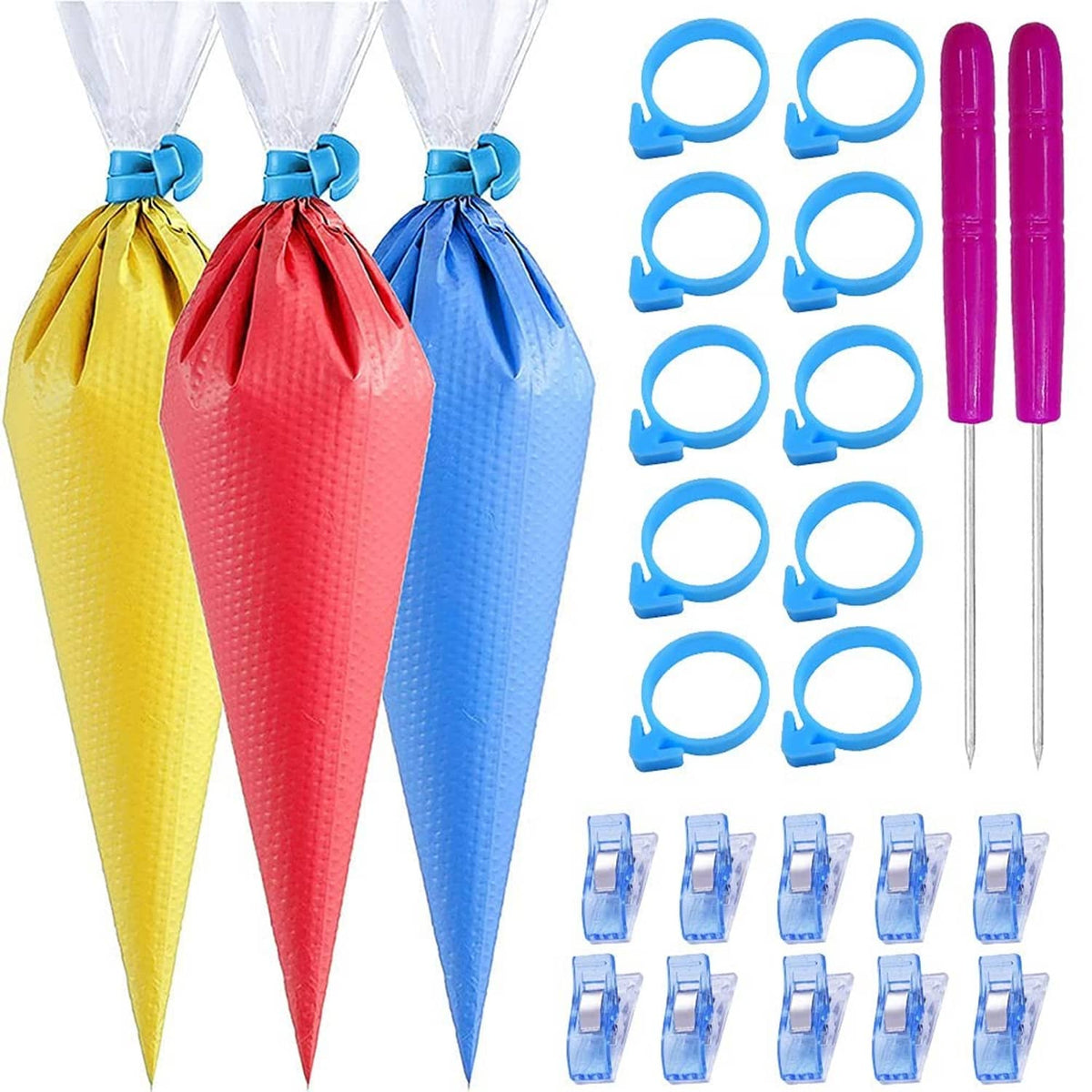 Tipless piping bags with filled yellow, red, and blue cones plus blue tie rings