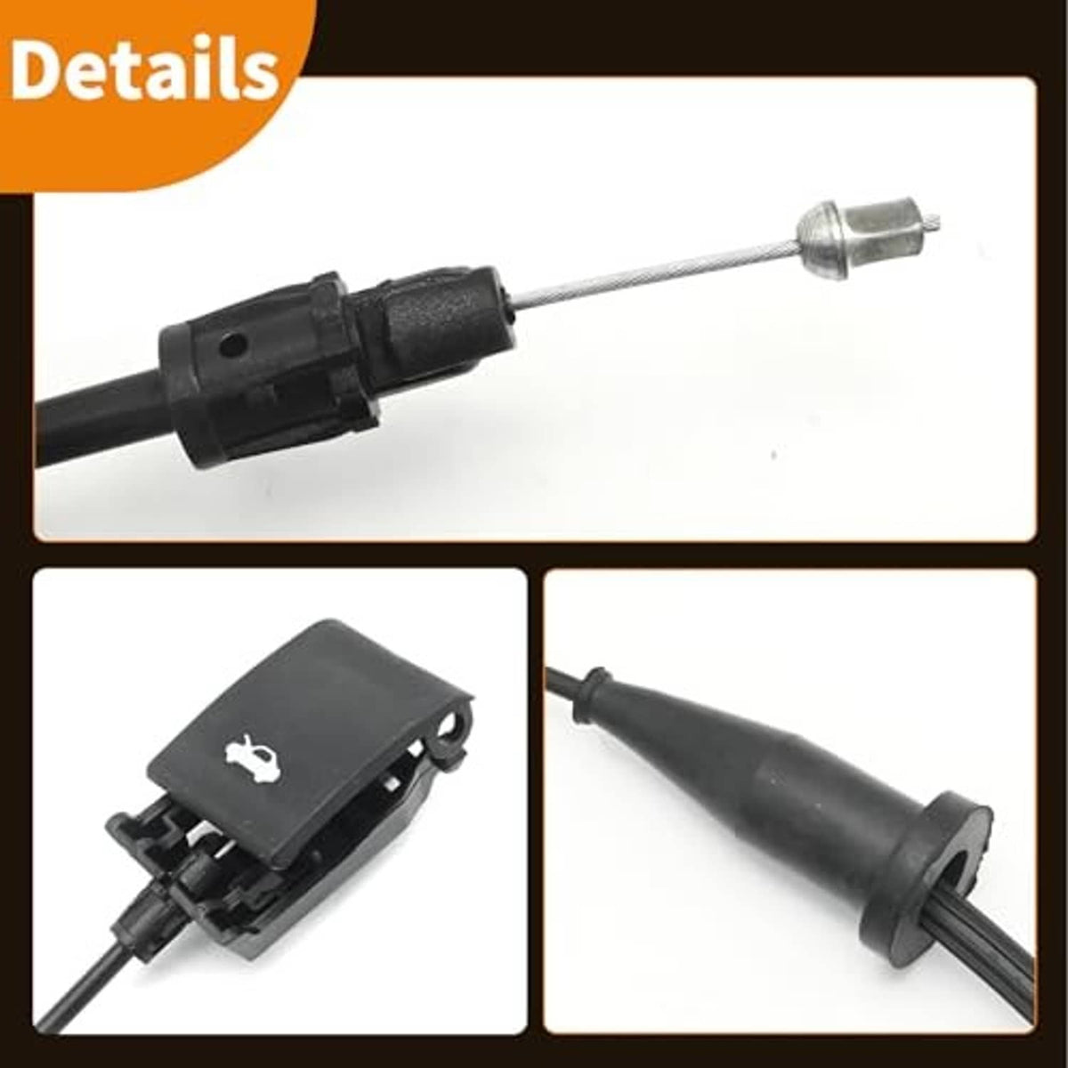 Hood latch release cable close-up showing black housing and metal release rod