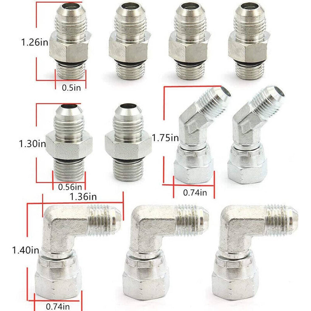 High-pressure hose connection fittings set with assorted straight and elbow metal couplers