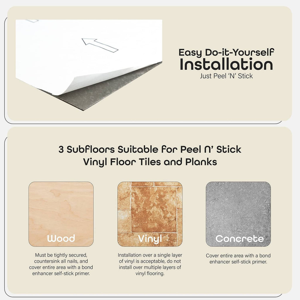 Peel-and-stick vinyl floor tiles with self-adhesive backing, stone-look finish