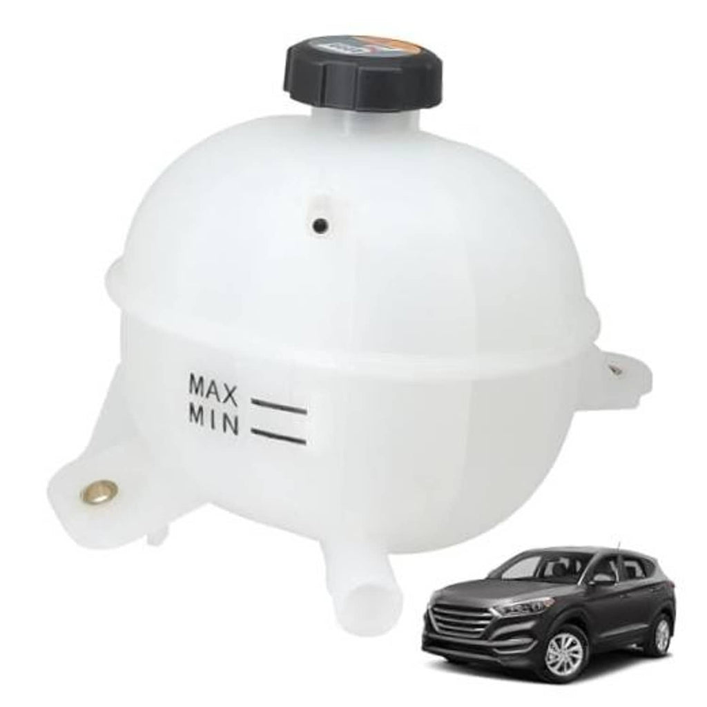 White engine coolant overflow reservoir tank with black cap and MAX/MIN level marks
