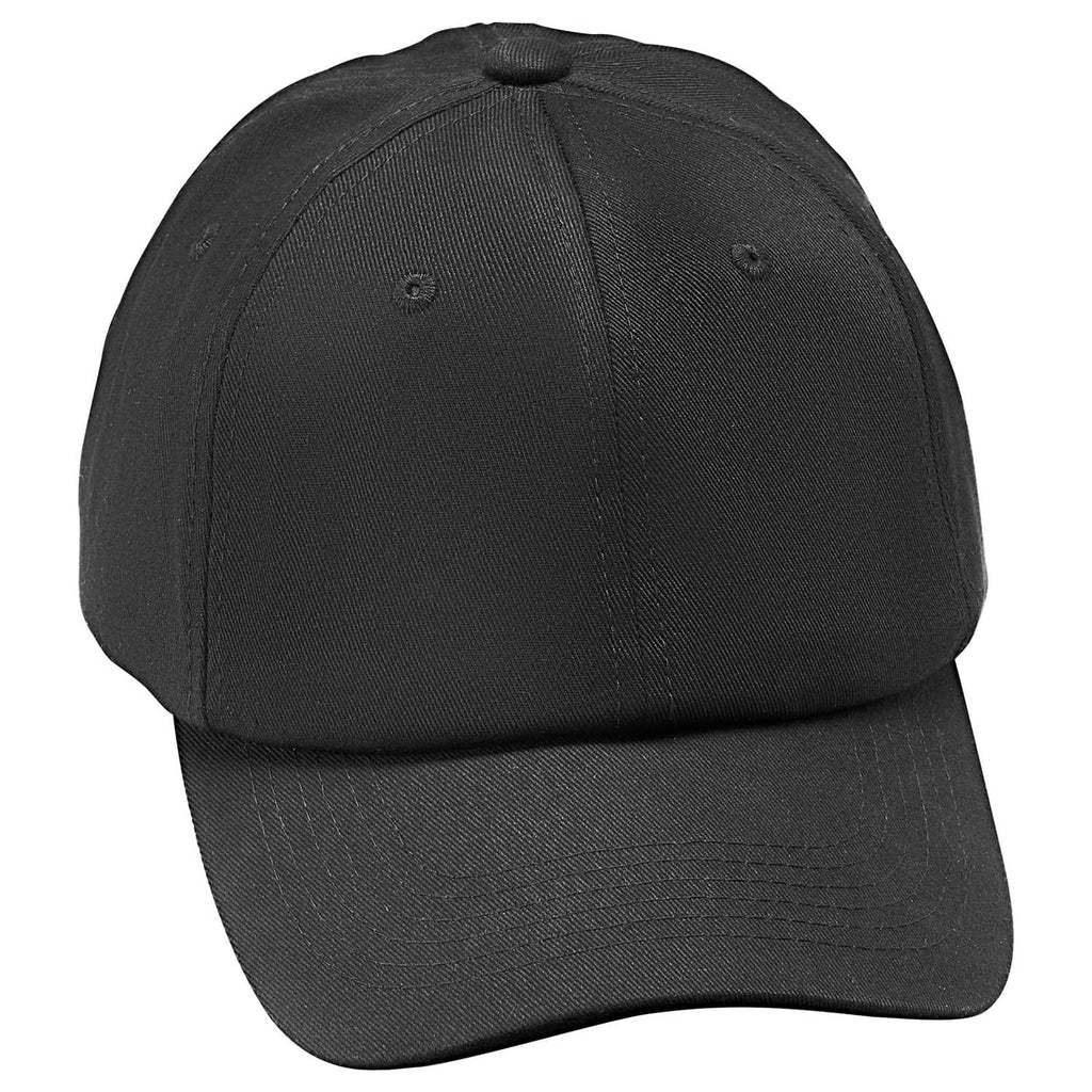 Plain black baseball cap with curved brim and stitched panels