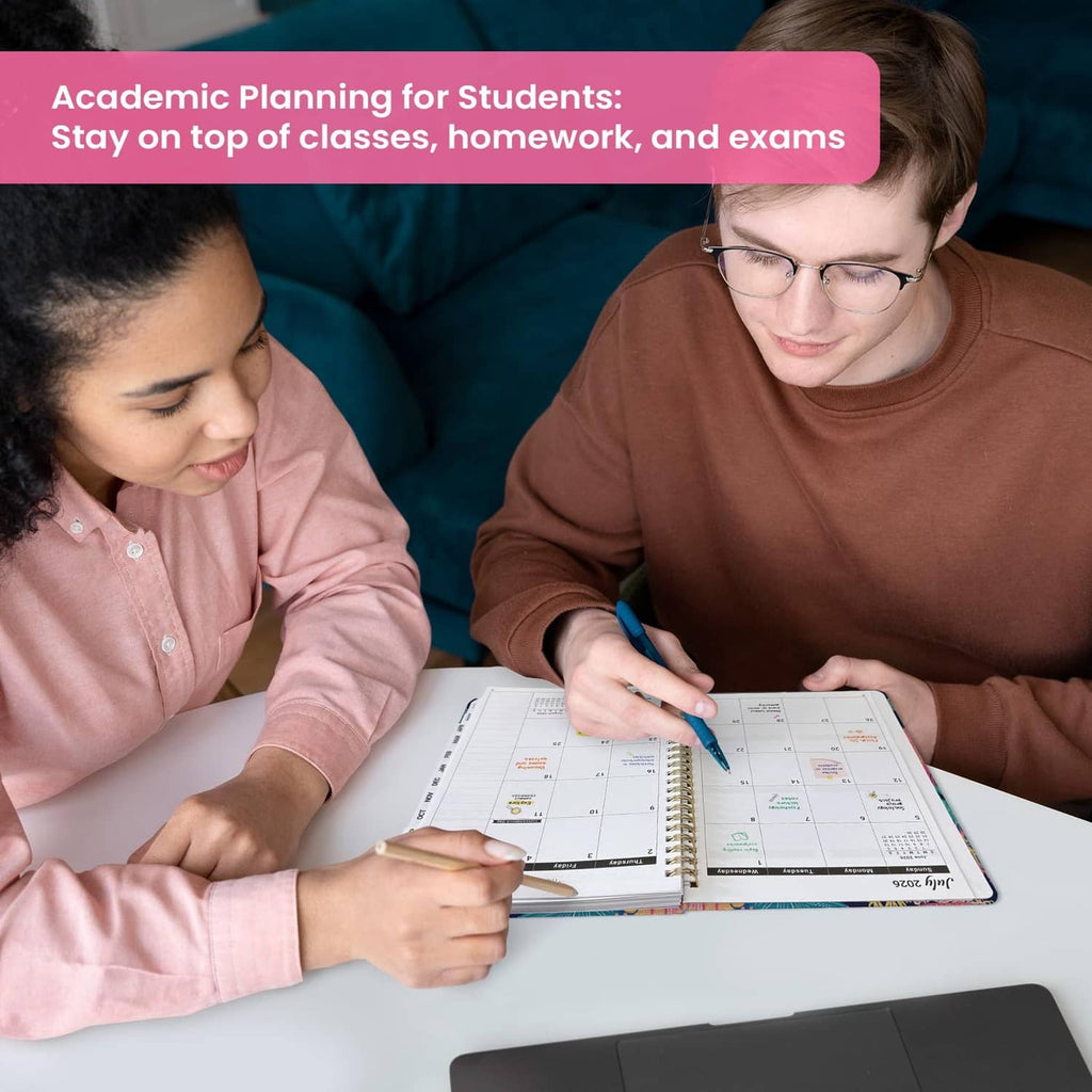 Student writing in an open planner with dated monthly schedule pages