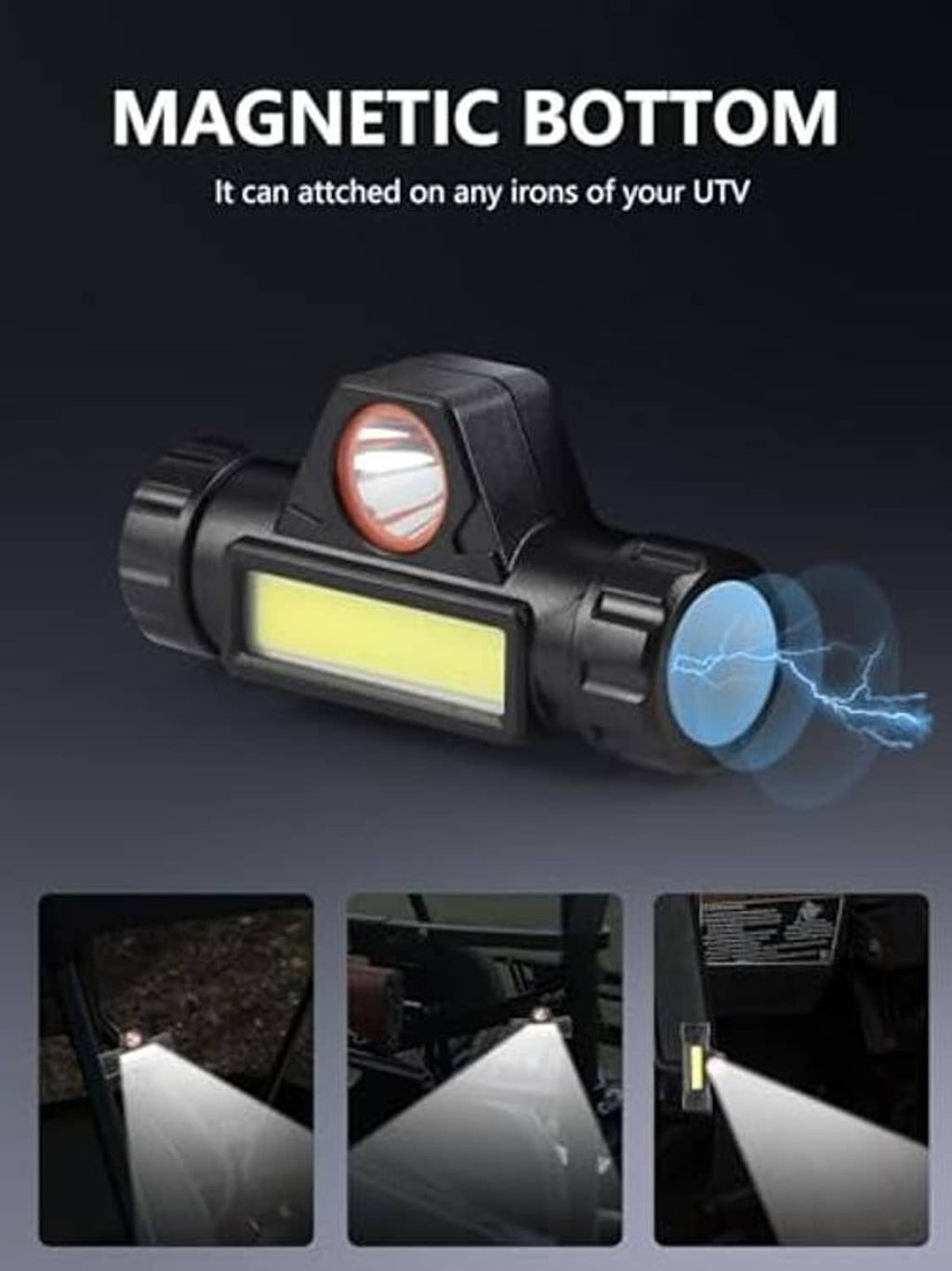 Black UTV roof light with magnetic base and visible USB charging cable.