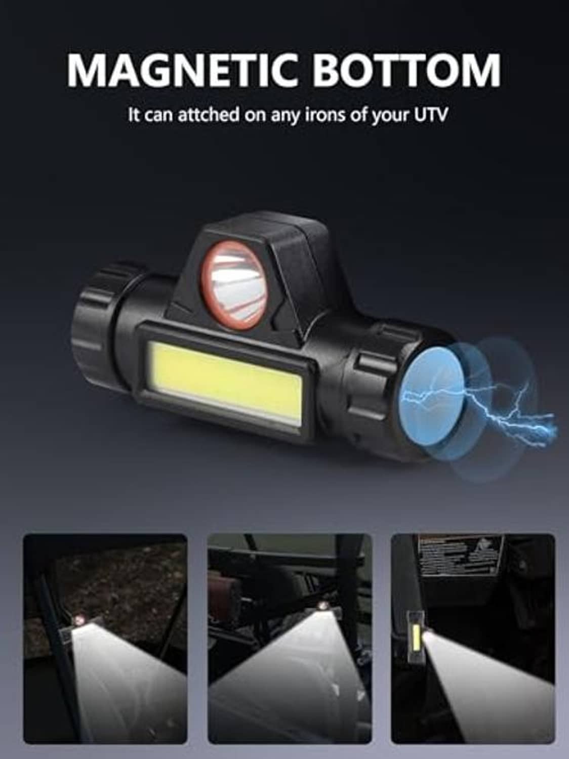 Black UTV roof light with magnetic base and visible USB charging cable.