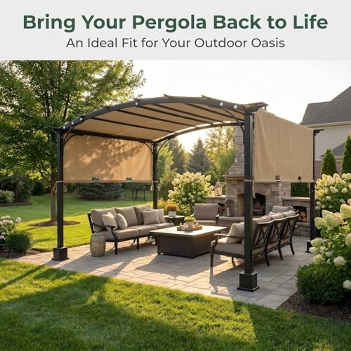 Beige pergola replacement cover with black frame over outdoor patio seating
