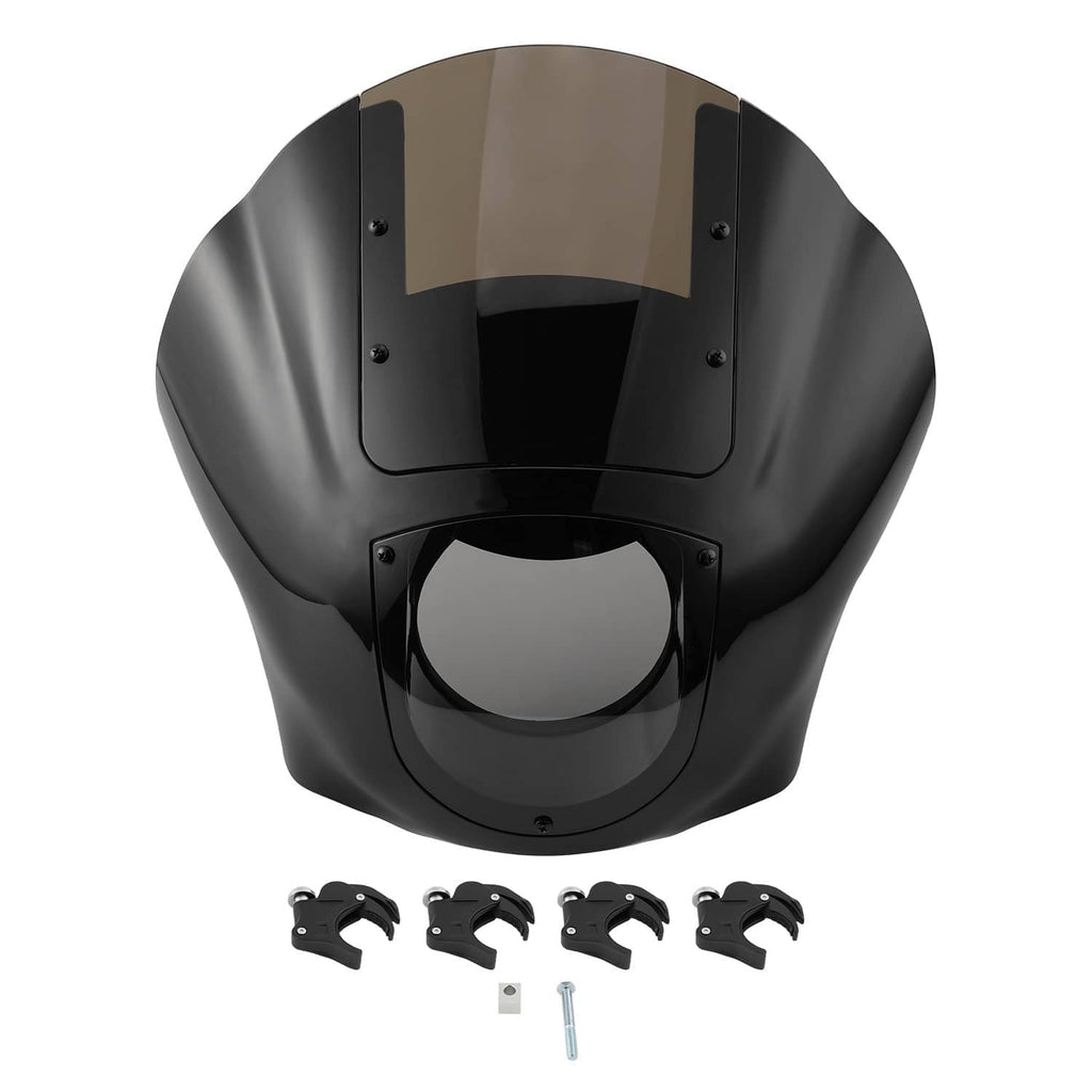 Black motorcycle quarter headlight fairing windshield, tinted center cutout opening