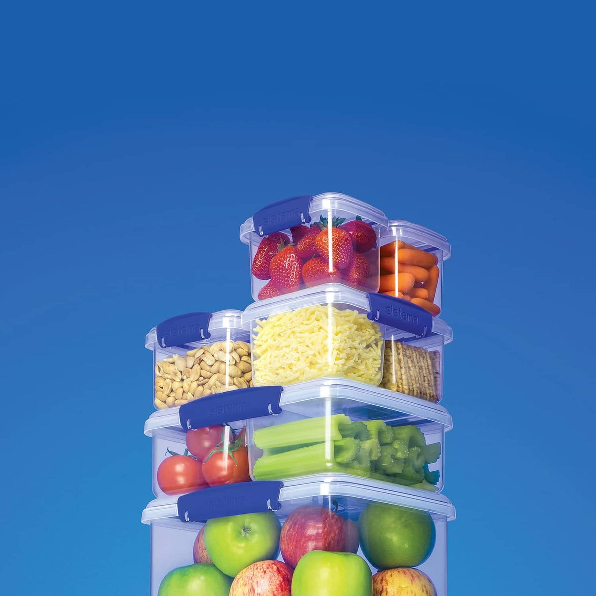 Stacked rectangular food storage containers with blue snap lids
