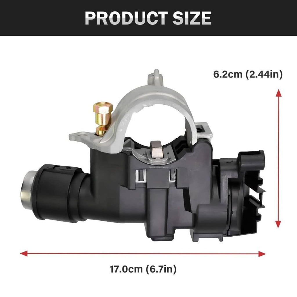 Ignition switch lock cylinder housing with key, shown with size dimensions