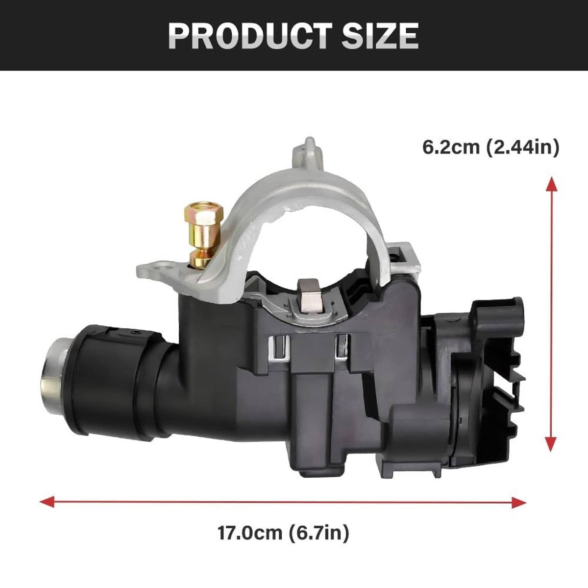 Ignition switch lock cylinder housing with key, shown with size dimensions