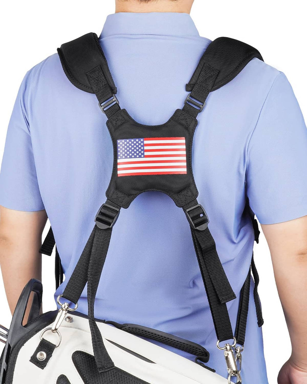 Black padded adjustable golf bag strap with USA flag patch and metal buckles