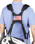 Black padded adjustable golf bag strap with USA flag patch and metal buckles