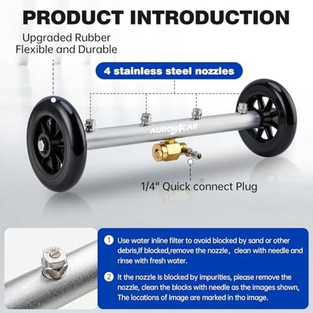 Undercarriage pressure washer attachment with black wheels, quick-connect plug, stainless nozzles